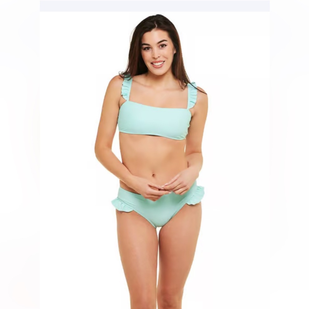 Tahari 2‎ Piece Swimsuit Set aqua blue ruffle NEW large